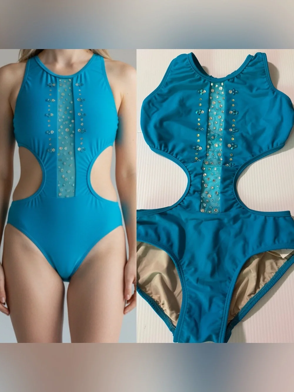 Opra solo custom dance costume leotard cutout illusion teal aqua LC-large child